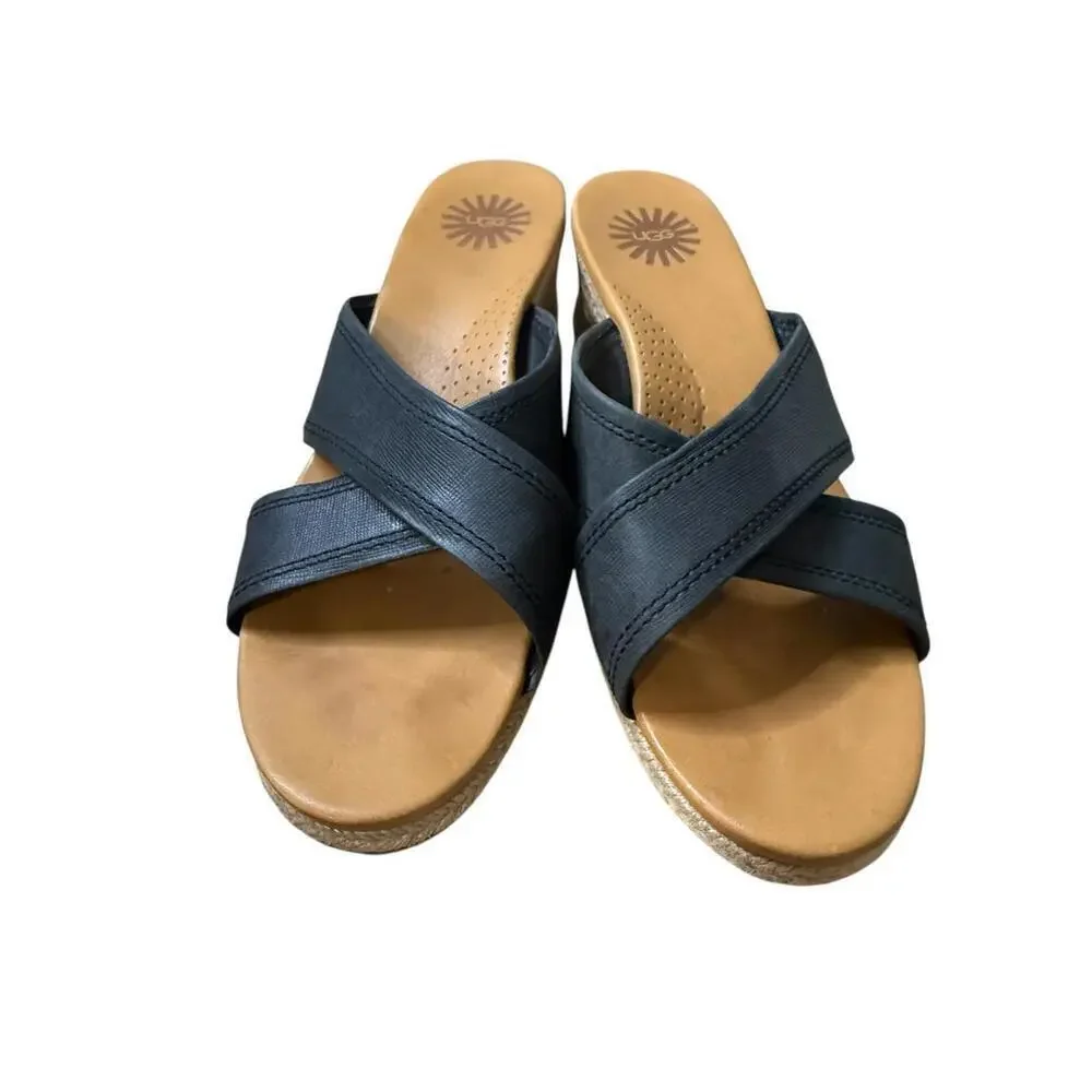 UGG Australia Womens Gwyn Espadrille Wedge Leather Sandals Size 8 Black Slides